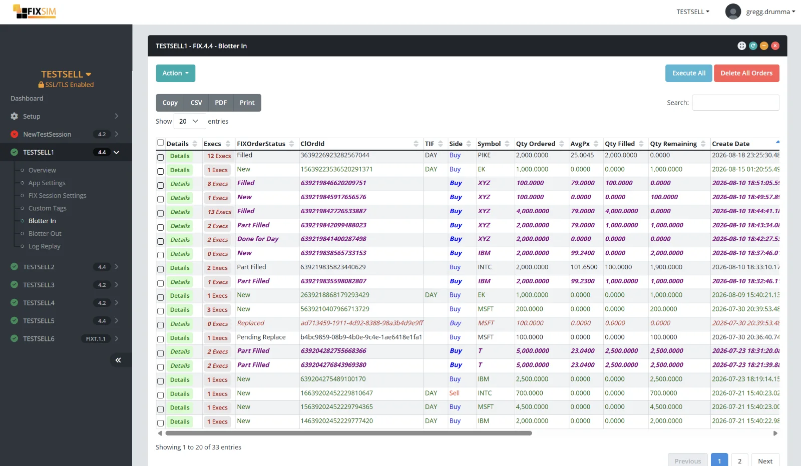 The FIXSIM portal: session sidebar with a green connected status on each test session, and the Blotter In view for TESTSELL1 (FIX 4.4) listing working orders with status, execution count, side, symbol, quantities and average price