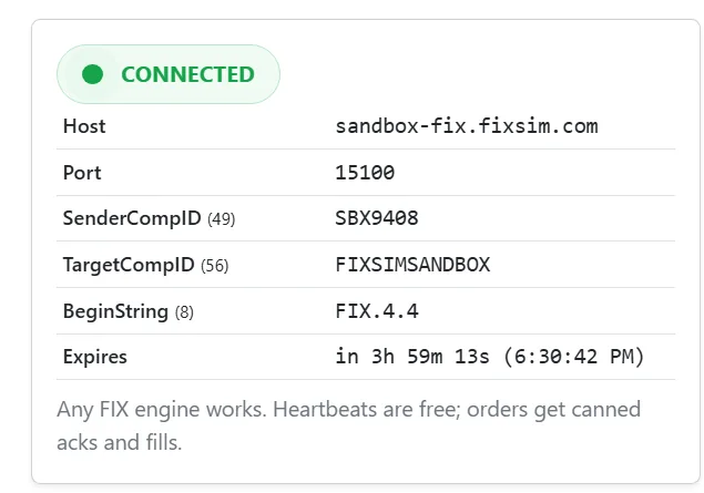 FIXSIM sandbox connection card showing the host, port, assigned SenderCompID and TargetCompID, BeginString, and session expiry, with a green Connected indicator.