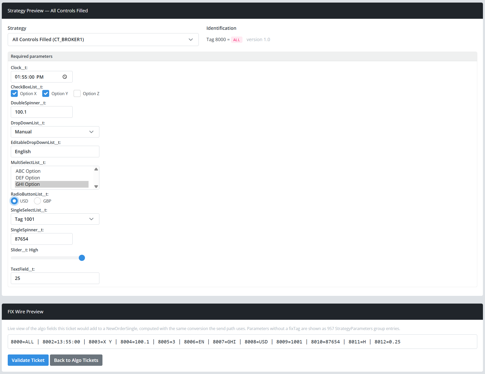 Strategy preview rendering the broker's panel layout with the FIX Wire Preview panel below.