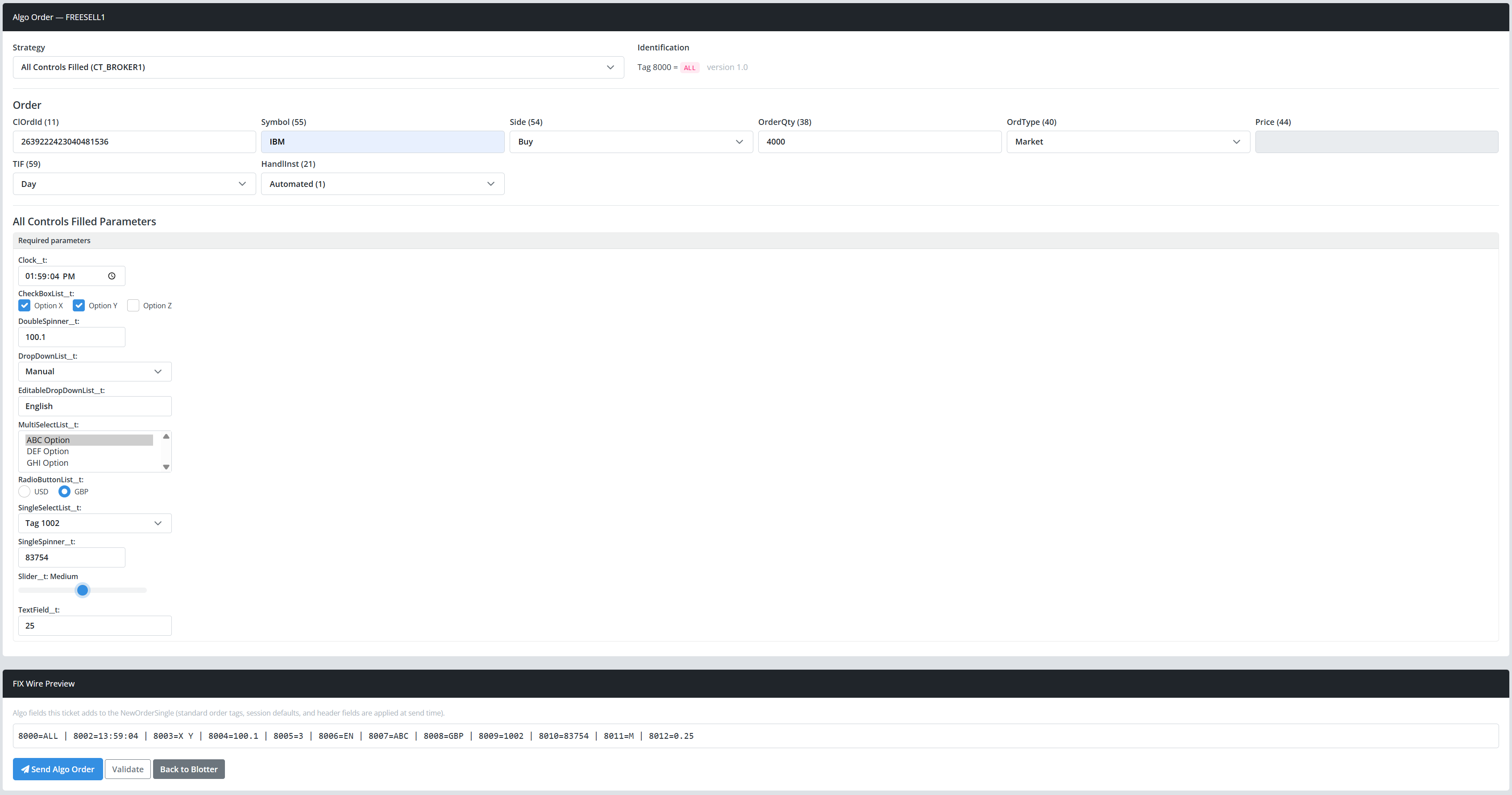 Algo Order ticket from Blotter Out with the standard order fields, strategy parameters, and Validate and Send buttons.