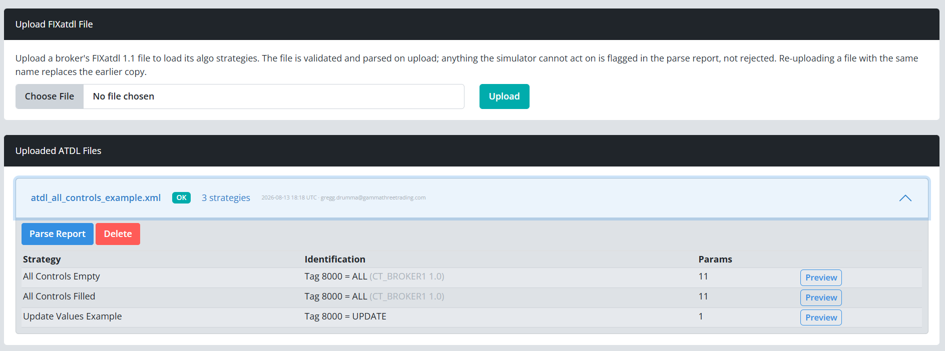 Algo Tickets page with the upload form and the Uploaded ATDL Files list showing a parsed file, its status badge, strategies, and Parse Report button.