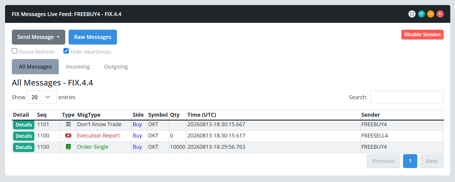 Session Overview message feed showing an order, its execution report, and the inbound Don't Know Trade (35=Q) row rejecting it.