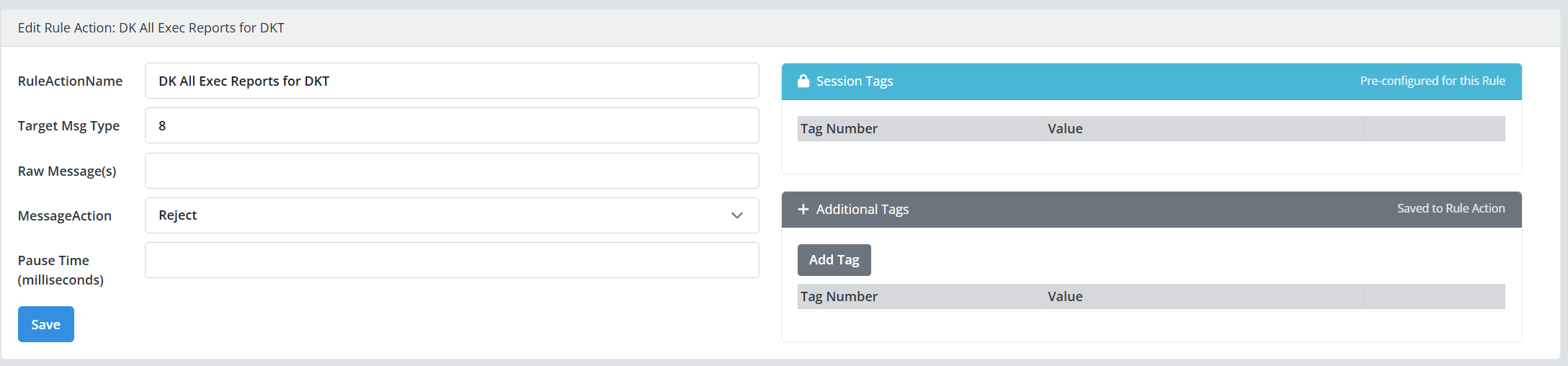 Rule action form with Target Msg Type 8 and the Reject action that sends a DontKnowTrade.