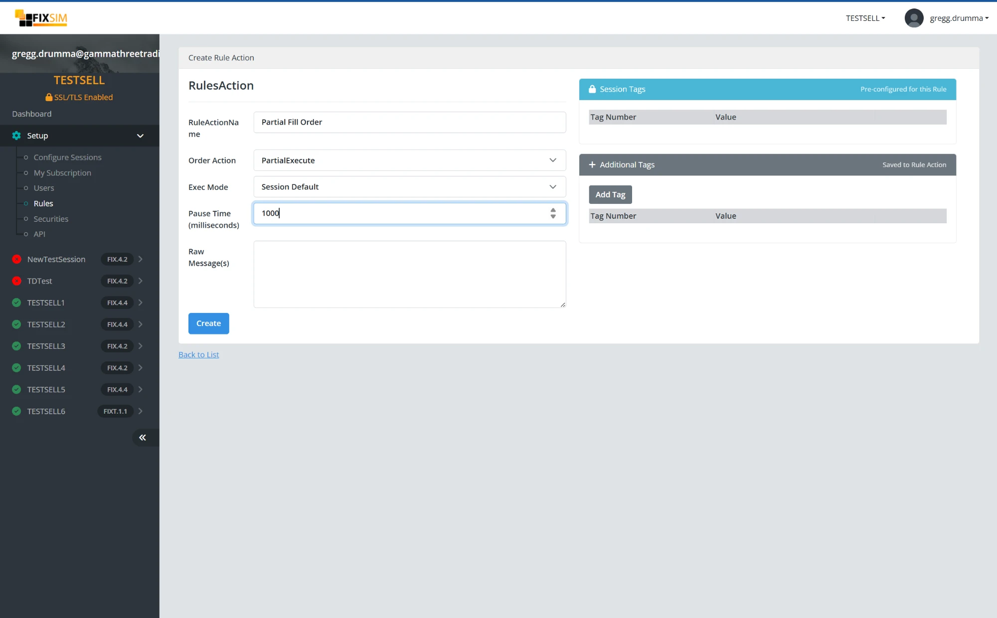 Create Rule Action form with order action, exec mode, pause time, and raw messages.