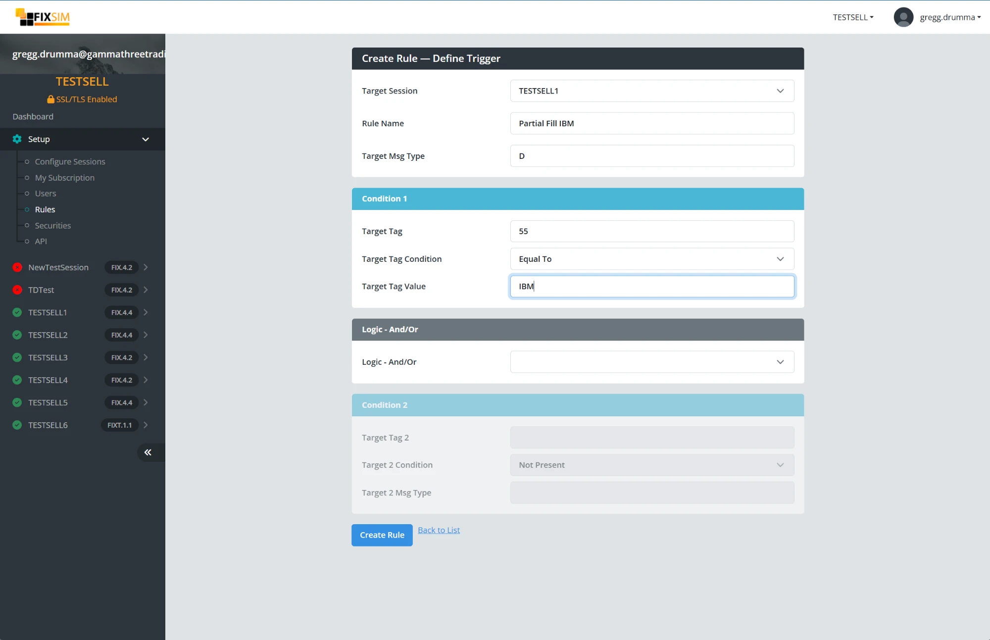 Rule Builder create rule form with trigger conditions.