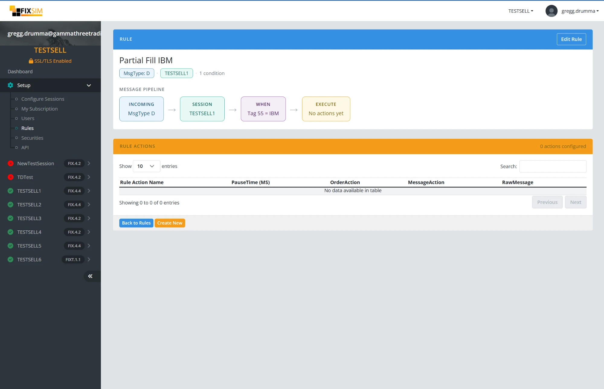 Rule detail page showing the incoming-session-when-execute message pipeline.