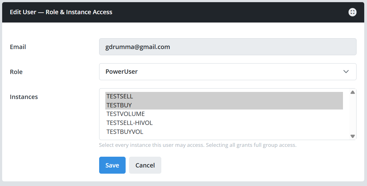 Edit user form with the role selection and per-instance access checkboxes.